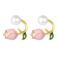 Plastic Pearl Zinc Alloy Earring, with Plastic Pearl, Tulip, fashion jewelry & for woman & enamel 