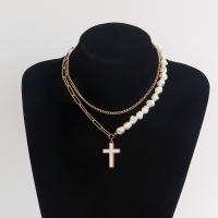 Plastic Pearl Necklace, Zinc Alloy, with ABS Plastic Pearl & Acrylic, Cross, plated, Double Layer & fashion jewelry & for woman 30mm cm 