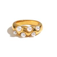 Stainless Steel Finger Ring, 304 Stainless Steel, with ABS Plastic Pearl, Vacuum Ion Plating, fashion jewelry & for woman, golden 