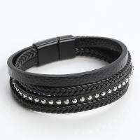 Zinc Alloy Bracelet, with PU Leather, polished, fashion jewelry & with rivet stud & for man, black cm 