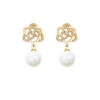 Boucles d'oreilles en laiton zircon cubique pavent, avec perle de plastique, fade et jamais plaqué de haute qualité, bijoux de mode & pavé de micro zircon & pour femme, doré Vendu par paire