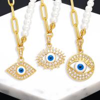 Evil Eye Jewelry Necklace, Brass, with Plastic Pearl, with 5 extender chain, 18K gold plated, fashion jewelry & micro pave cubic zirconia & for woman cm 