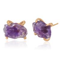 Amethyst Stud Earring, with Brass, gold color plated, for woman, purple 