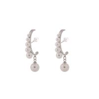Brass Drop Earring, with Plastic Pearl, silver color plated, for woman, silver color, 28.5mm 