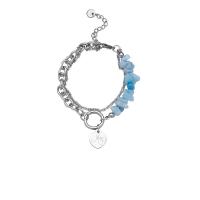 Titanium Steel Bracelet, with Aquamarine & Strawberry Quartz, with 1.97 extender chain, silver color plated, for woman, silver color .9 Inch 