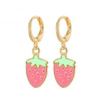 Huggie Hoop Drop Earring, Brass, Strawberry, gold color plated, fashion jewelry & for woman & enamel, pink 