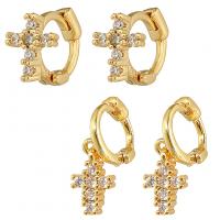 Huggie Hoop Drop Earring, Brass, Cross, gold color plated, fashion jewelry & micro pave cubic zirconia & for woman, golden 