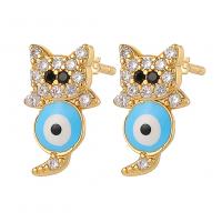 Evil Eye Earrings, Brass, Cat, gold color plated, fashion jewelry & evil eye pattern & micro pave cubic zirconia & for woman & enamel 
