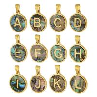 Stainless Steel Letter Pendant, 304 Stainless Steel, with Abalone Shell, Flat Round, Vacuum Plating gold 