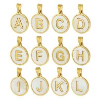 Stainless Steel Letter Pendant, 304 Stainless Steel, with White Shell, Flat Round, Vacuum Plating gold 