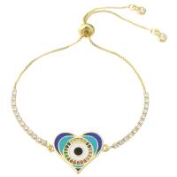 Evil Eye Jewelry Bracelet, Brass, Heart, real gold plated, Adjustable & micro pave cubic zirconia & for woman & enamel, gold Inch 