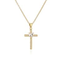 Cubic Zircon Micro Pave Brass Necklace, Cross, real gold plated & micro pave cubic zirconia & for woman Approx 19.68 Inch 