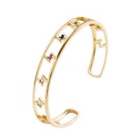 Brass Cuff Bangle, real gold plated & micro pave cubic zirconia & for woman & hollow, gold, 60mm 
