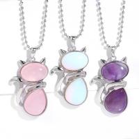 Gemstone Necklaces, Brass, with Gemstone, Cat, silver color plated & for woman .5 Inch 