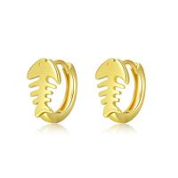 Brass Huggie Hoop Earring, Fish Bone, gold color plated, for woman, golden, 10.9mm 