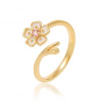 Brass Cuff Finger Ring, Flower, real gold plated, micro pave cubic zirconia & for woman & enamel, golden, 21mm 