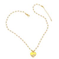 Brass Jewelry Necklace, with Plastic Pearl, with 2 extender chain, Heart, 18K gold plated, for woman & enamel .9 Inch 