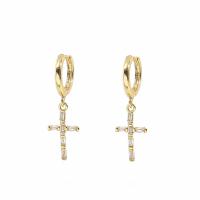 Huggie Hoop Drop Earring, Brass, Cross, gold color plated, fashion jewelry & micro pave cubic zirconia & for woman 