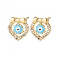 Evil Eye Earrings, Brass, Heart, gold color plated, fashion jewelry & evil eye pattern & micro pave cubic zirconia & for woman & enamel 