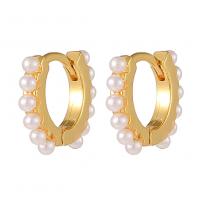 Brass Huggie Hoop Earring, with Plastic Pearl, Round, gold color plated, fashion jewelry & for woman, white 