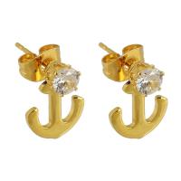 Stainless Steel Cubic Zirconia Stud Earring, 304 Stainless Steel, Anchor, Galvanic plating, imitation cubic zirconia & for woman, gold 