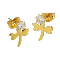 Stainless Steel Cubic Zirconia Stud Earring, 304 Stainless Steel, Leaf, Galvanic plating, imitation cubic zirconia & for woman, gold 
