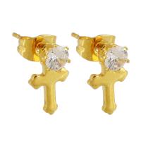 Stainless Steel Cubic Zirconia Stud Earring, 304 Stainless Steel, Cross, Galvanic plating, imitation cubic zirconia & for woman, gold 