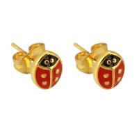 Stainless Steel Stud Earring, 304 Stainless Steel, Ladybug, Galvanic plating, for woman & enamel, red 