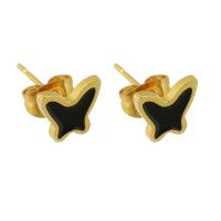 Stainless Steel Stud Earring, 304 Stainless Steel, Butterfly, Galvanic plating, for woman & enamel, black 