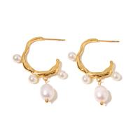 Stainless Steel Pearl Stud Earring, 304 Stainless Steel, with Freshwater Pearl, Vacuum Ion Plating, fashion jewelry & for woman, golden 