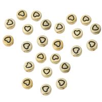 Schmelz Acryl Perlen, flache Runde, DIY & mit einem Muster von Herzen & Emaille, goldfarben, 7x7x4mm, Bohrung:ca. 1mm, verkauft von Tasche