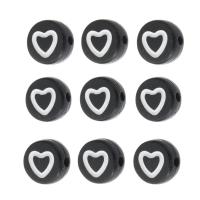 Schmelz Acryl Perlen, flache Runde, DIY & mit einem Muster von Herzen & Emaille, schwarz, 7x7x4mm, Bohrung:ca. 1mm, verkauft von Tasche