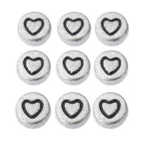 Schmelz Acryl Perlen, flache Runde, DIY & mit einem Muster von Herzen & Emaille, Silberfarbe, 7x7x4mm, Bohrung:ca. 1mm, verkauft von Tasche