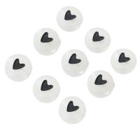 Schmelz Acryl Perlen, flache Runde, DIY & mit einem Muster von Herzen & Emaille, weiß und schwarz, 7x7x4mm, Bohrung:ca. 1mm, verkauft von Tasche