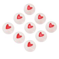 Schmelz Acryl Perlen, flache Runde, DIY & mit einem Muster von Herzen & Emaille, rot, 7x7x4mm, Bohrung:ca. 1mm, verkauft von Tasche