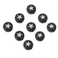Esmalte de los granos de acrílico, Redondo aplanado, Bricolaje & con el patrón de estrella, Negro, 7x7x4mm, agujero:aproximado 1mm, Vendido por Bolsa