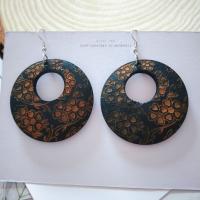 Wood Earring, with Iron, Round, silver color plated, folk style & for woman, black, 45mm 