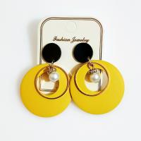 Wood Earring, with Plastic Pearl & Zinc Alloy, Round, gold color plated, for woman 45mm 