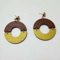 Wood Earring, with Iron, Round, gold color plated, for woman, mixed colors, 45mm 