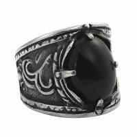 316L Stainless Steel Finger Ring, with Black Agate, polished, vintage & for man, silver color, 21mm 