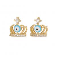 Evil Eye Earrings, Brass, Crown, gold color plated, fashion jewelry & evil eye pattern & micro pave cubic zirconia & for woman & enamel 