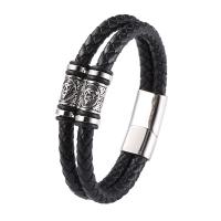 PU Leather Bracelet, with 316 Stainless Steel, polished, Double Layer & fashion jewelry & for man, black, 12mm 