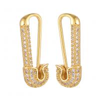 Cubic Zirconia Micro Pave Brass Earring, Safety Pin, gold color plated, fashion jewelry & micro pave cubic zirconia & for woman, golden 