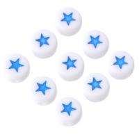 Schmelz Acryl Perlen, flache Runde, DIY & mit einem Muster von Stern & Emaille, blau, 7x7x4mm, Bohrung:ca. 1mm, verkauft von Tasche
