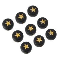 Schmelz Acryl Perlen, flache Runde, DIY & mit einem Muster von Stern & Emaille, schwarz, 7x7x4mm, Bohrung:ca. 1mm, verkauft von Tasche
