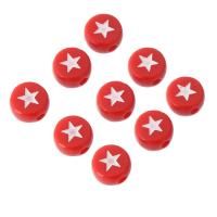 Schmelz Acryl Perlen, flache Runde, DIY & mit einem Muster von Stern & Emaille, rot, 7x7x4mm, Bohrung:ca. 1mm, verkauft von Tasche