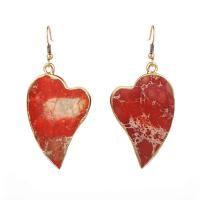Gemstone Drop Earring, Impression Jasper, with Brass, Heart, KC gold color plated, for woman, red, 60mm 