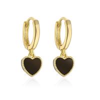 Huggie Hoop Drop Earring, Brass, Heart, real gold plated, for woman & enamel, black 