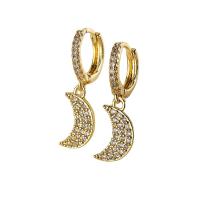Huggie Hoop Drop Earring, Brass, Moon, real gold plated, micro pave cubic zirconia & for woman, gold 