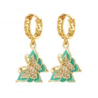 Huggie Hoop Drop Earring, Brass, Butterfly, gold color plated, micro pave cubic zirconia & for woman & enamel 